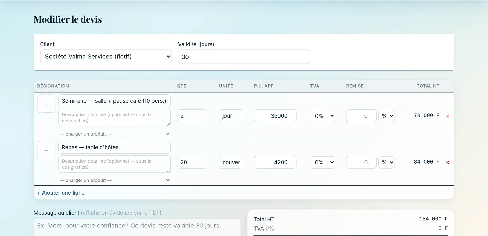Formulaire de devis avec client, lignes de prestations, quantités, prix unitaires en XPF et total