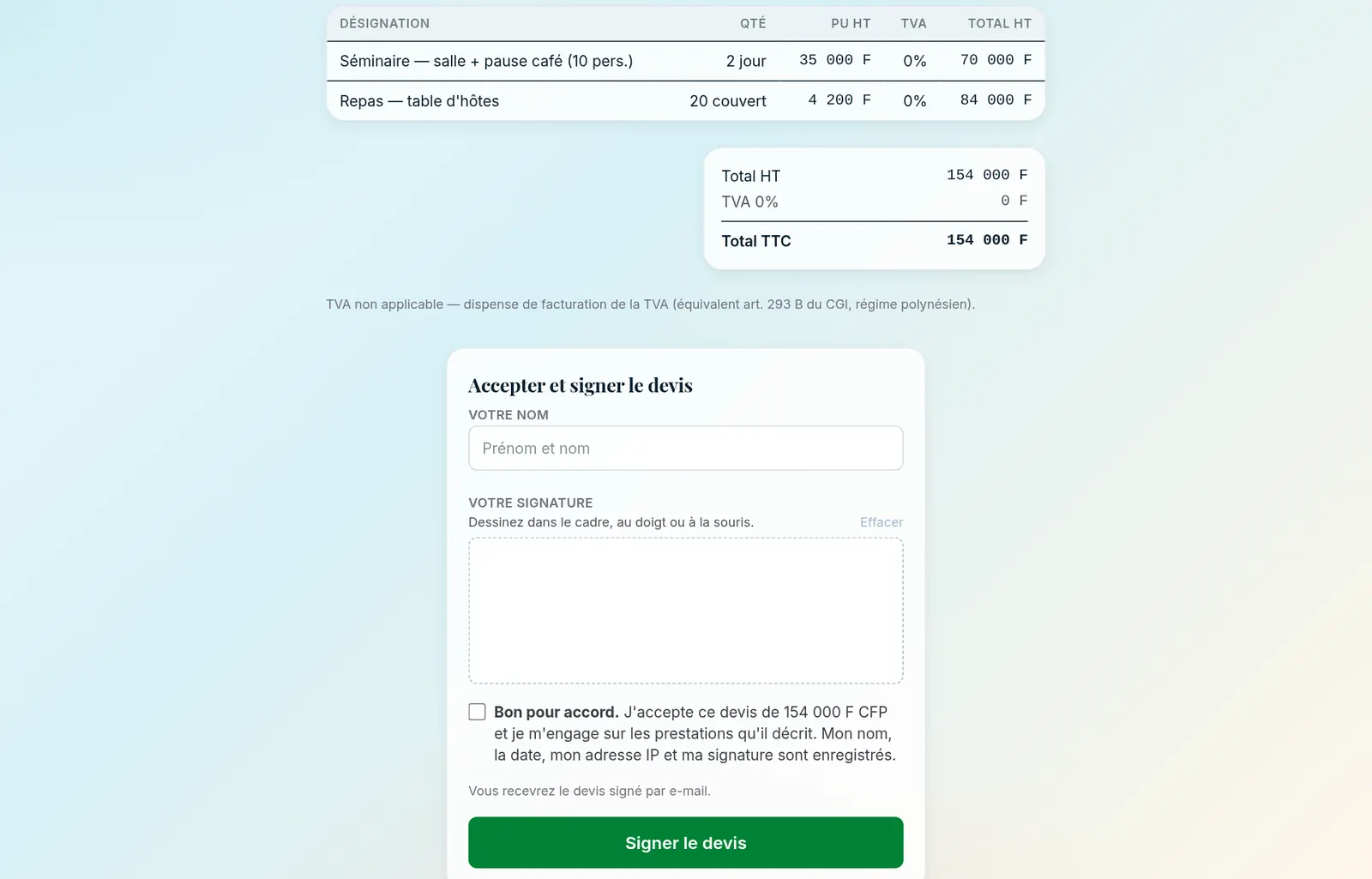 Page publique d'un devis vue par le client, avec le détail des lignes, le cadre de signature et le bouton Accepter et signer