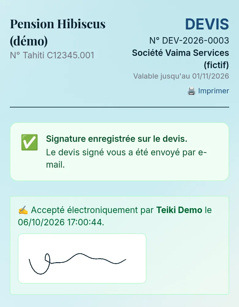Sur téléphone : bandeau Signature enregistrée sur le devis, mention de l'envoi par e-mail et signature affichée sur le devis accepté