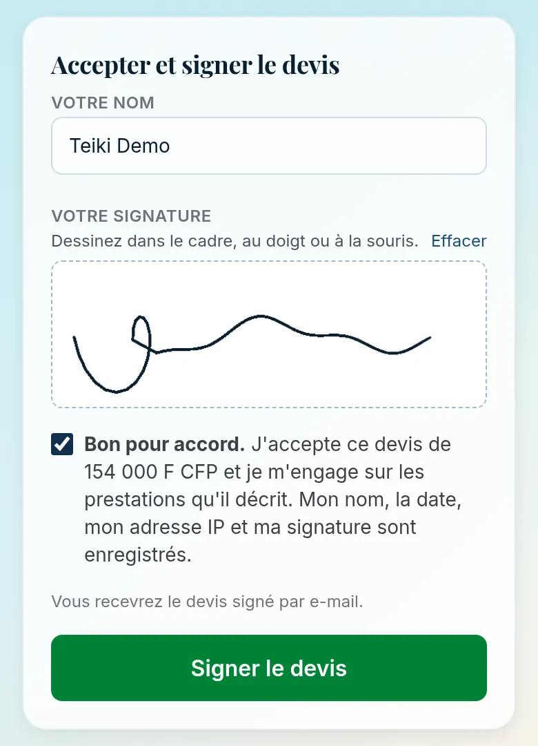 Sur téléphone : formulaire Accepter et signer le devis avec le nom saisi, une signature dessinée dans le cadre, la case Bon pour accord cochée et le bouton Signer le devis
